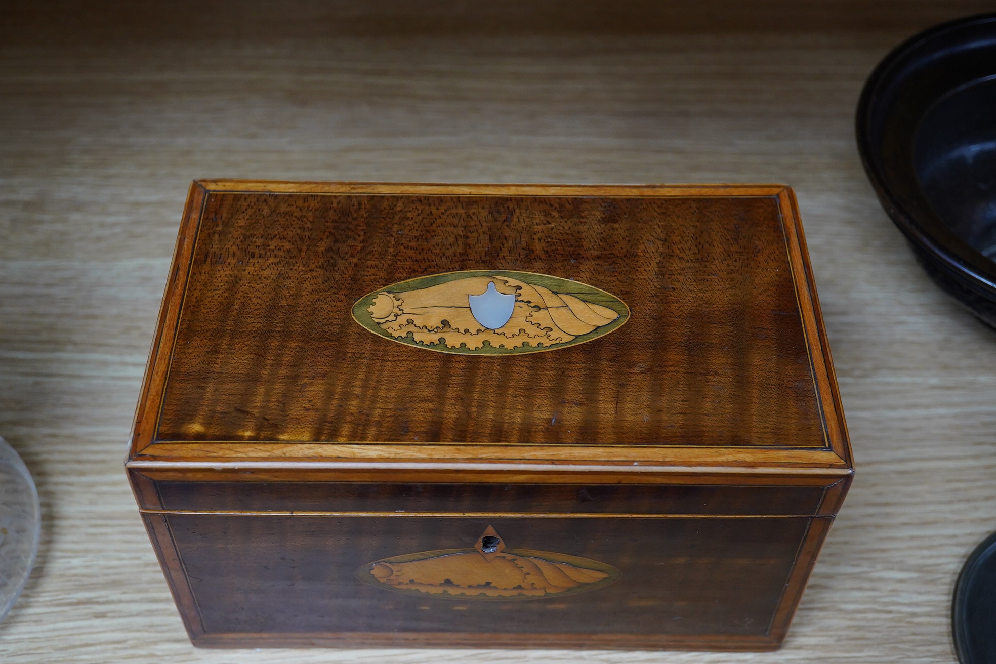 A George III inlaid tea caddy, 20cm x 11cm x 11.5cm. Condition - fair, some internal damage